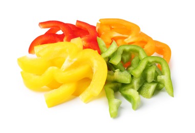Photo of Slices of fresh colorful bell peppers isolated on white