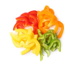 Photo of Slices of fresh colorful bell peppers isolated on white, above view
