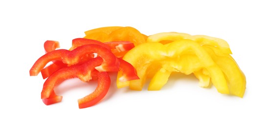 Photo of Slices of fresh colorful bell peppers isolated on white