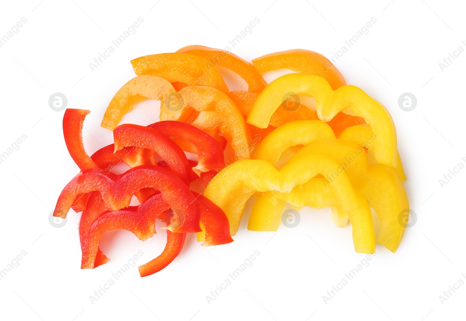Slices of fresh colorful bell peppers isolated on white, top view Photo of Slices of fresh colorful bell peppers isolated on white, top view