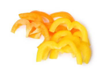 Photo of Slices of fresh colorful bell peppers isolated on white, top view