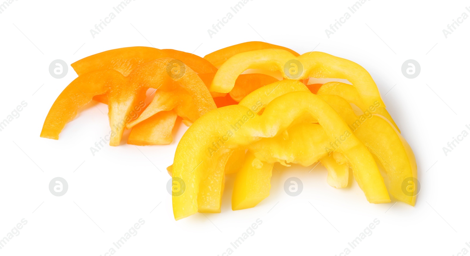 Slices of fresh colorful bell peppers isolated on white Photo of Slices of fresh colorful bell peppers isolated on white
