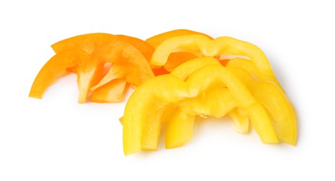 Photo of Slices of fresh colorful bell peppers isolated on white
