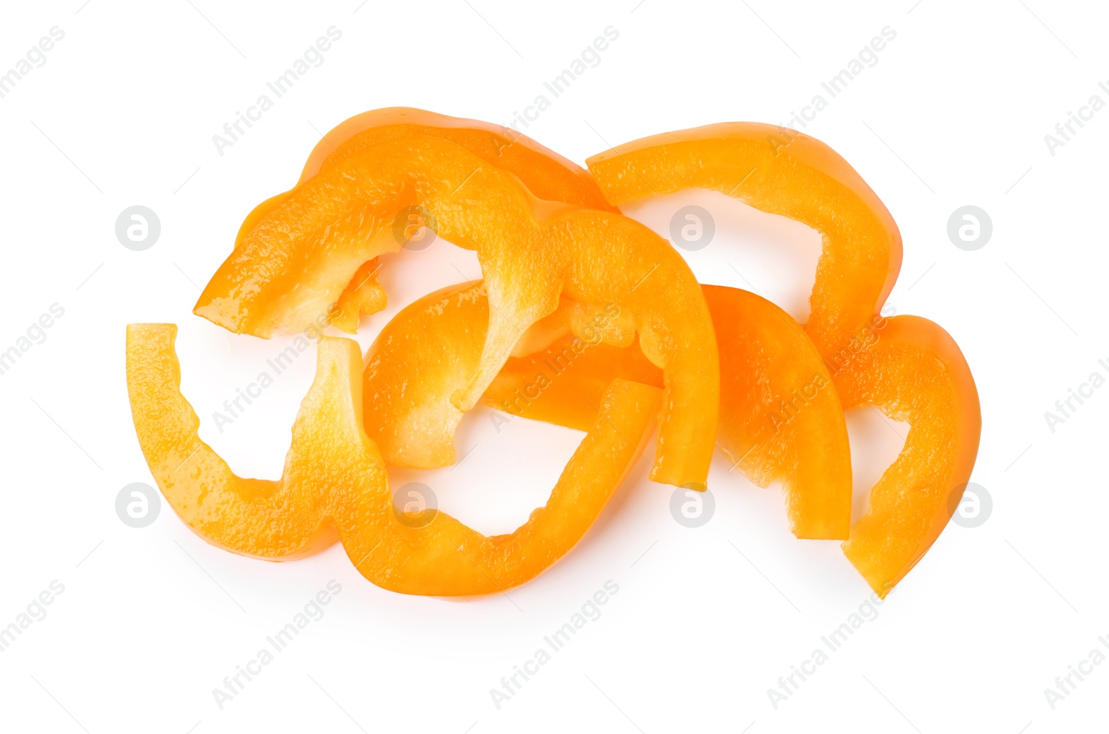 Slices of fresh orange bell peppers isolated on white, top view Photo of Slices of fresh orange bell peppers isolated on white, top view