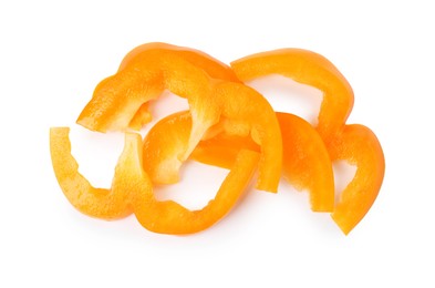 Photo of Slices of fresh orange bell peppers isolated on white, top view