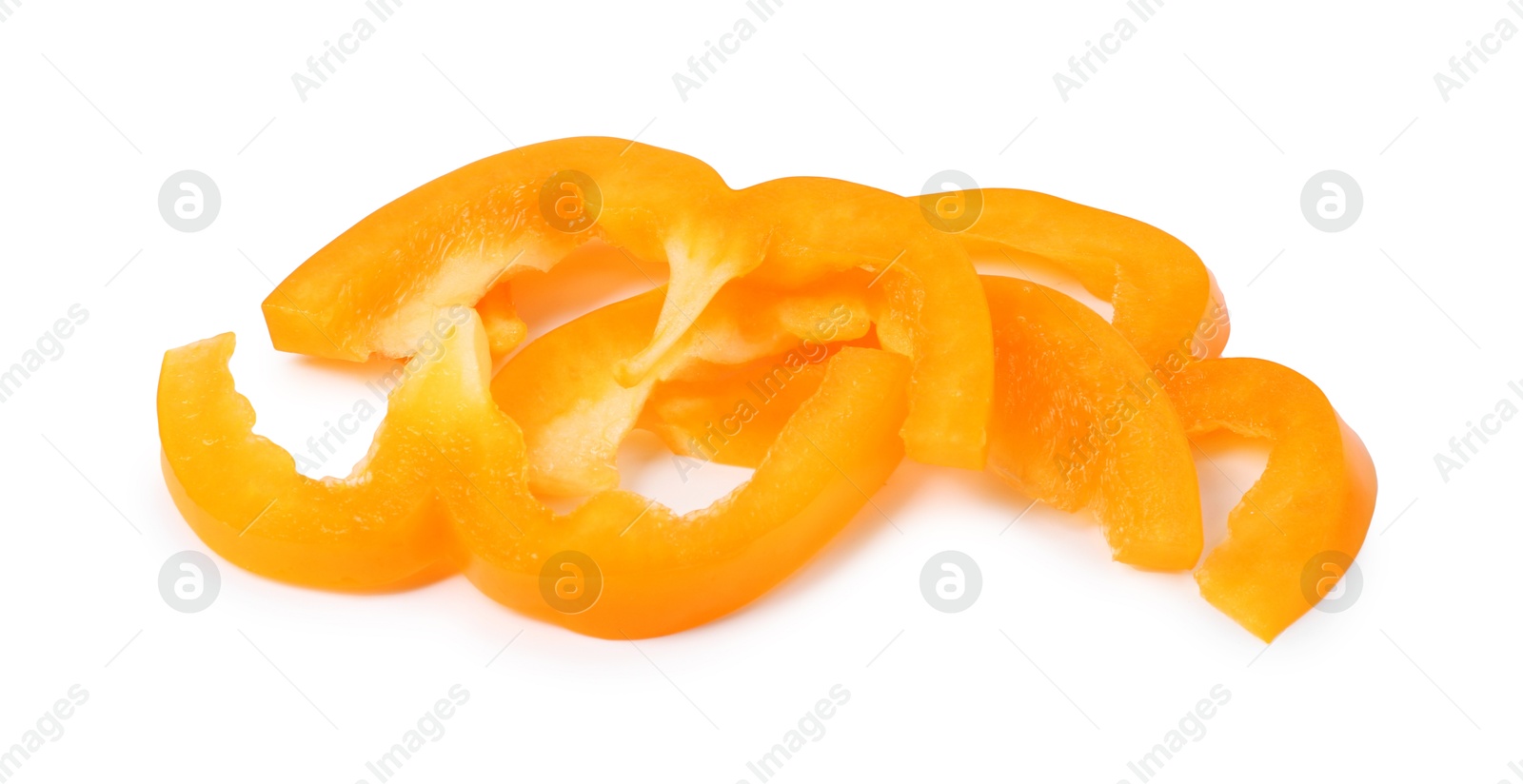 Slices of fresh orange bell peppers isolated on white Photo of Slices of fresh orange bell peppers isolated on white