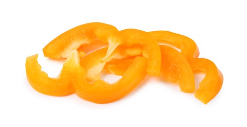 Photo of Slices of fresh orange bell peppers isolated on white