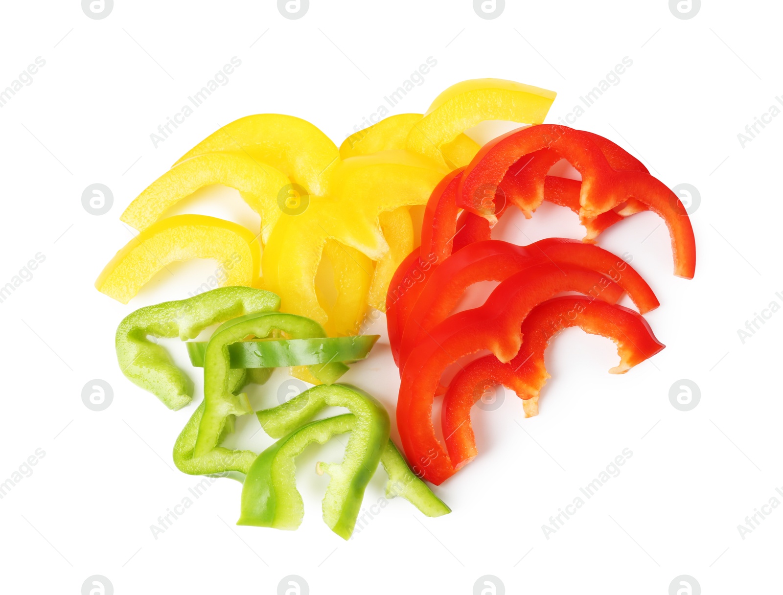 Slices of fresh colorful bell peppers isolated on white, top view Photo of Slices of fresh colorful bell peppers isolated on white, top view