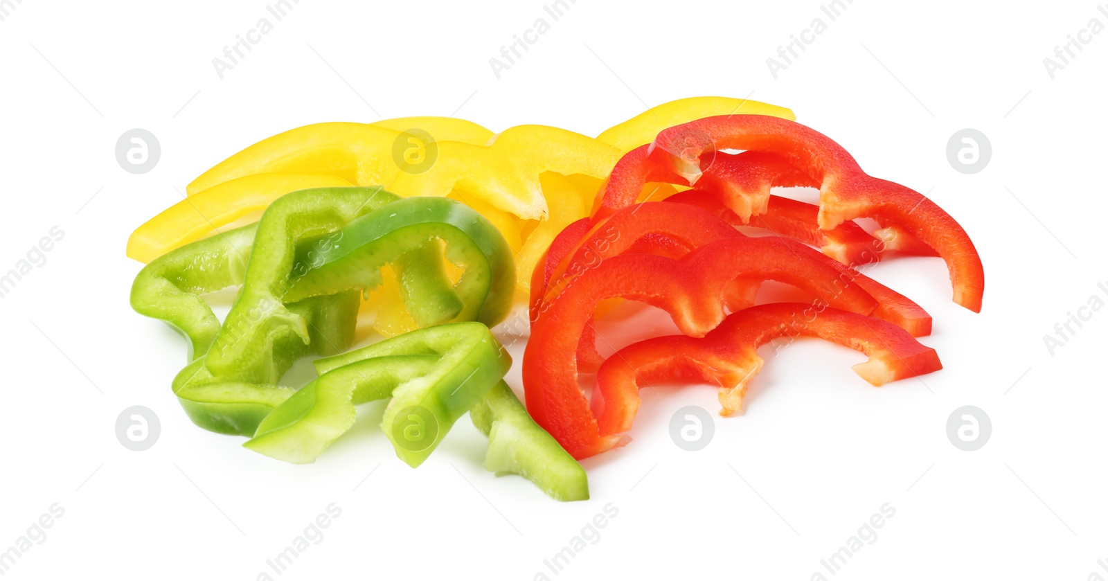 Slices of fresh colorful bell peppers isolated on white Photo of Slices of fresh colorful bell peppers isolated on white