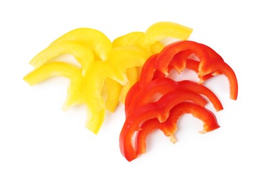 Photo of Slices of fresh colorful bell peppers isolated on white, top view