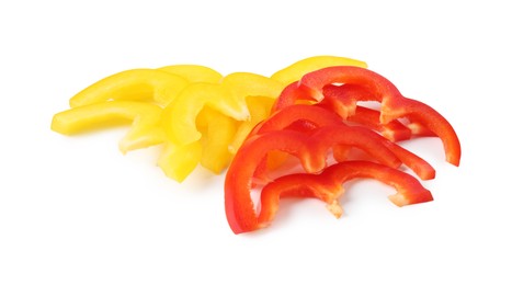 Photo of Slices of fresh colorful bell peppers isolated on white