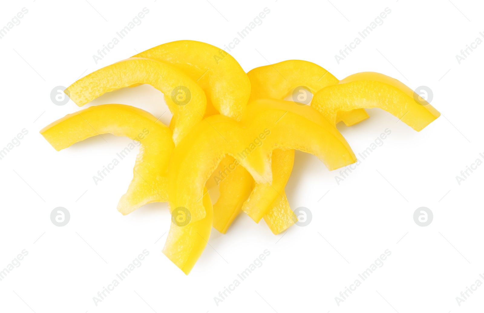 Slices of fresh yellow bell peppers isolated on white, top view Photo of Slices of fresh yellow bell peppers isolated on white, top view