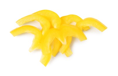 Photo of Slices of fresh yellow bell peppers isolated on white, top view