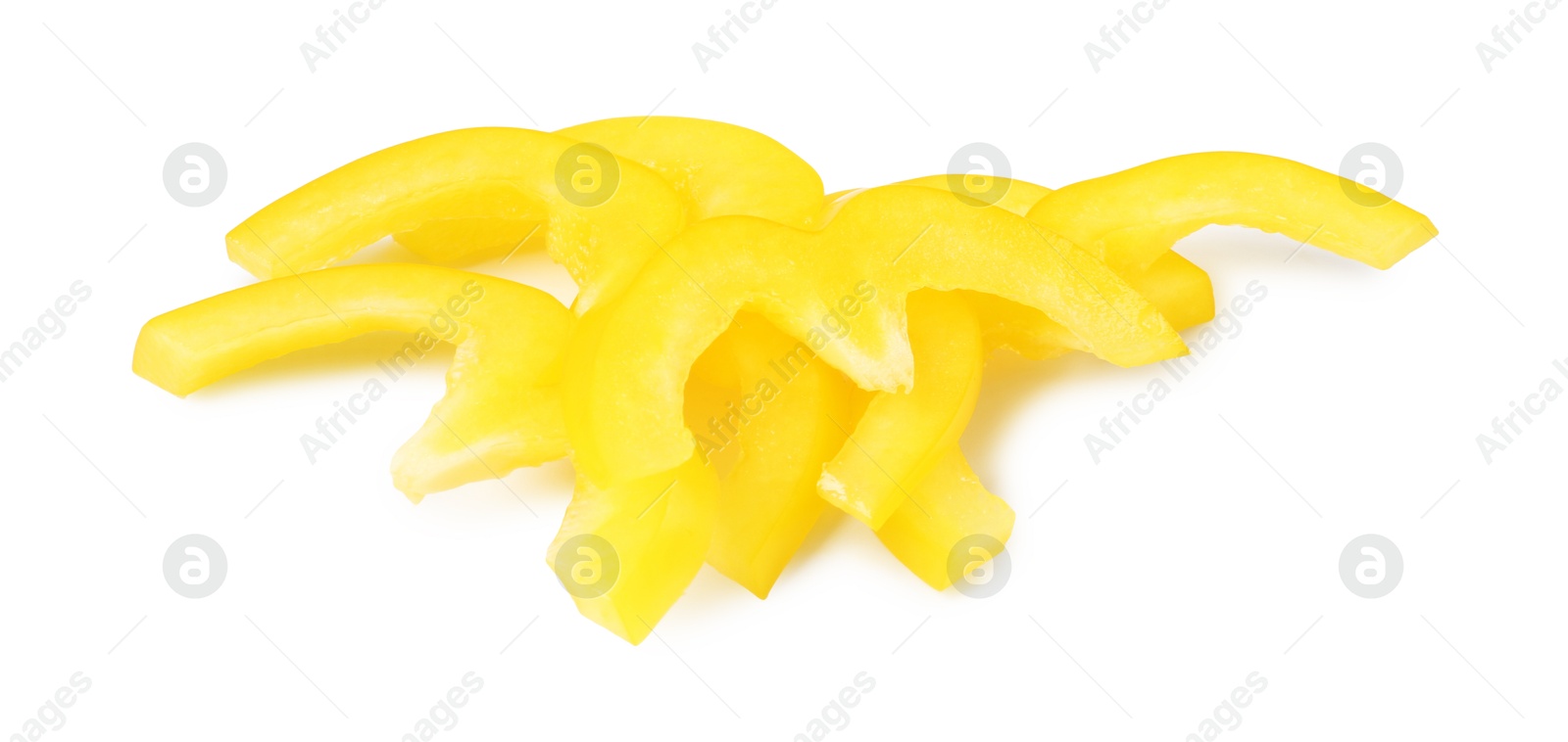 Slices of fresh yellow bell peppers isolated on white Photo of Slices of fresh yellow bell peppers isolated on white