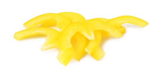 Photo of Slices of fresh yellow bell peppers isolated on white