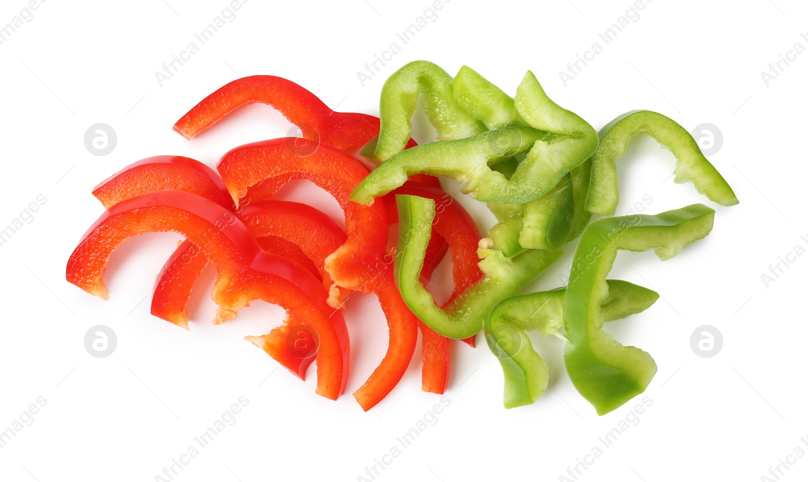 Slices of fresh colorful bell peppers isolated on white, top view Photo of Slices of fresh colorful bell peppers isolated on white, top view