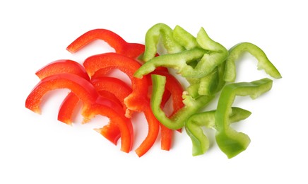 Photo of Slices of fresh colorful bell peppers isolated on white, top view