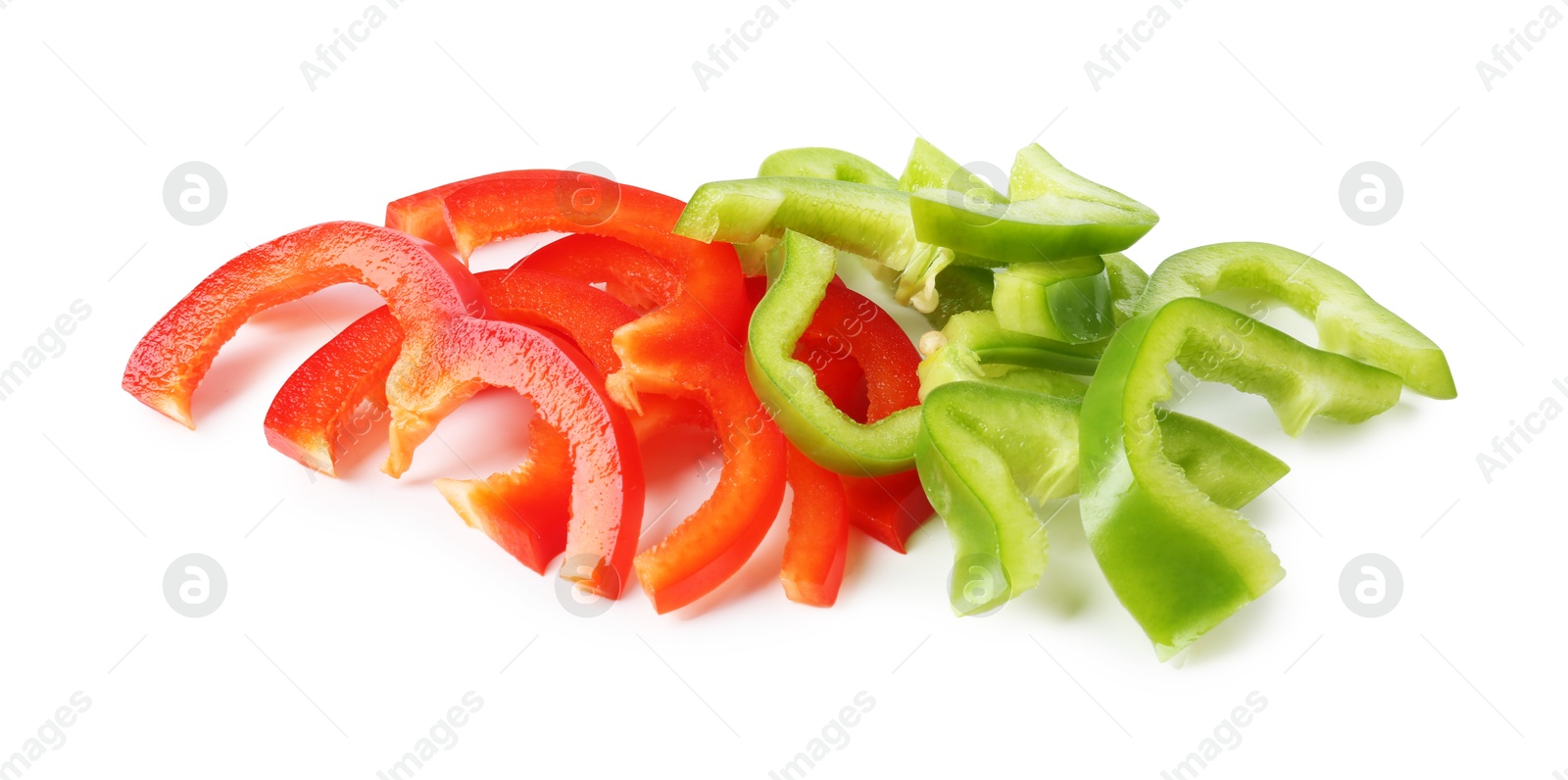 Slices of fresh colorful bell peppers isolated on white Photo of Slices of fresh colorful bell peppers isolated on white