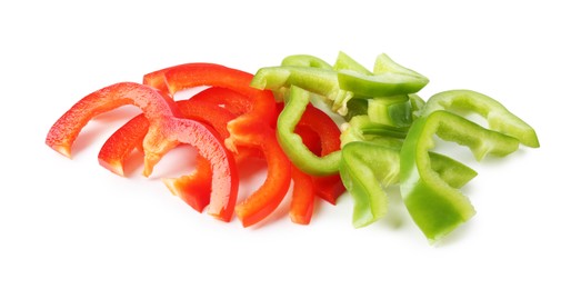 Photo of Slices of fresh colorful bell peppers isolated on white