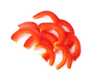 Photo of Slices of fresh red bell peppers isolated on white, top view