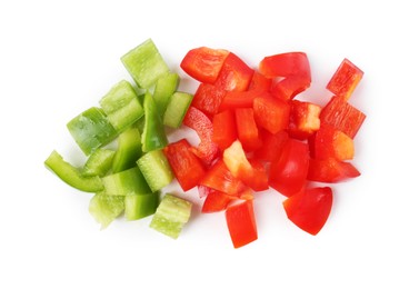 Photo of Pieces of fresh colorful bell peppers isolated on white, top view