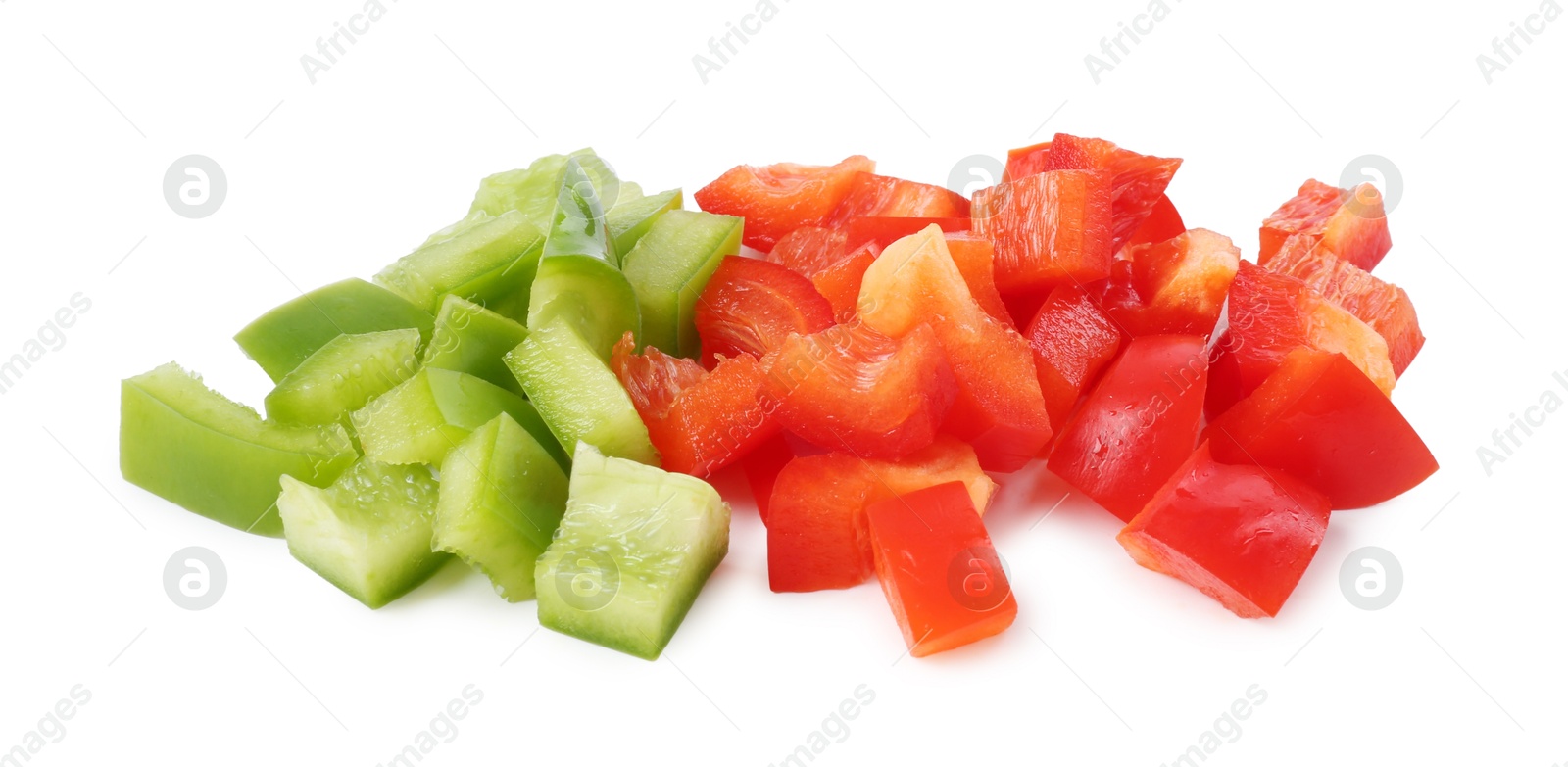 Pieces of fresh colorful bell peppers isolated on white Photo of Pieces of fresh colorful bell peppers isolated on white