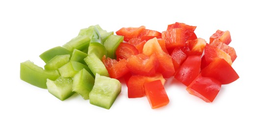 Photo of Pieces of fresh colorful bell peppers isolated on white