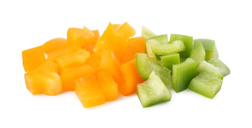 Photo of Pieces of fresh colorful bell peppers isolated on white