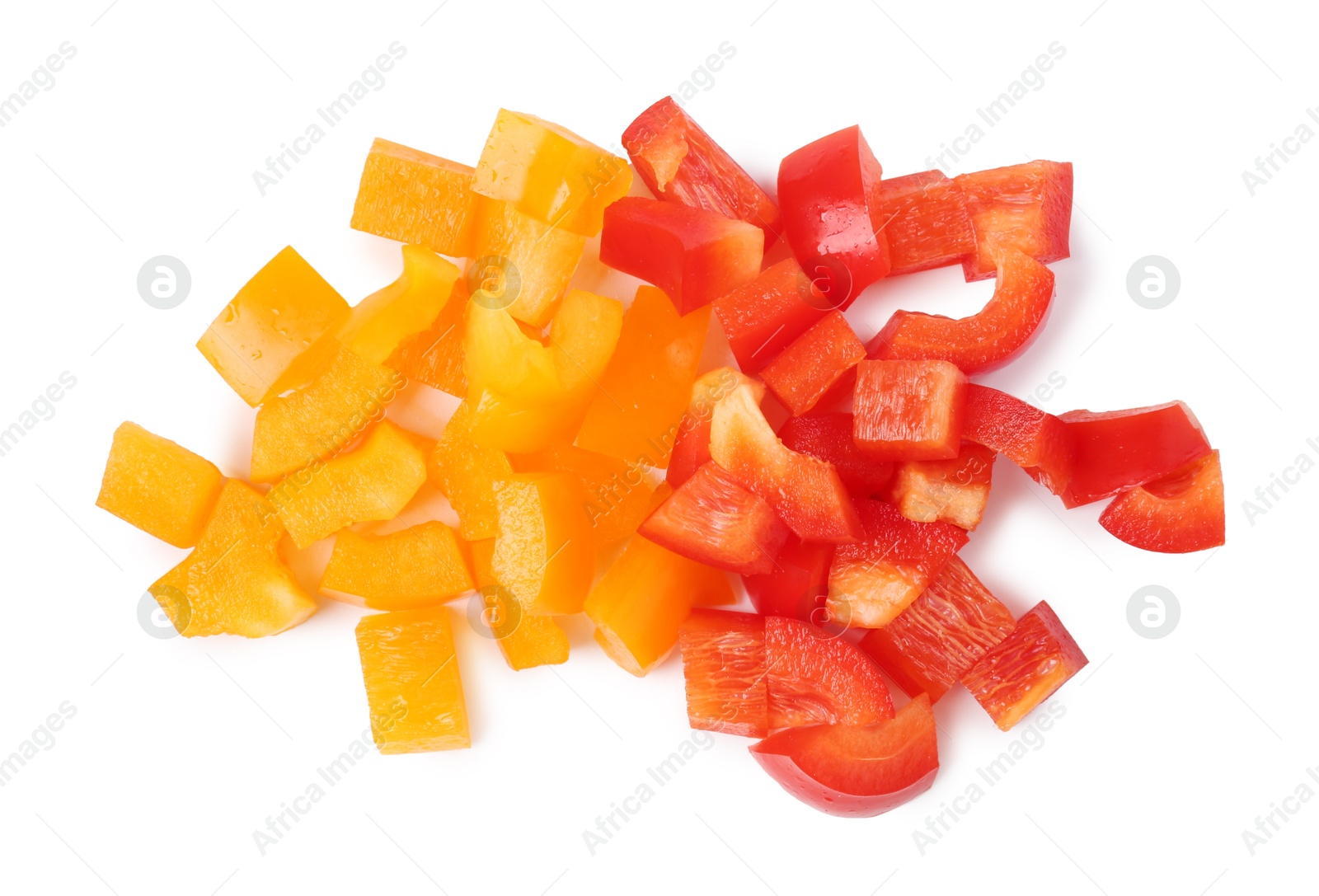 Pieces of fresh colorful bell peppers isolated on white, top view Photo of Pieces of fresh colorful bell peppers isolated on white, top view