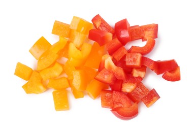 Photo of Pieces of fresh colorful bell peppers isolated on white, top view
