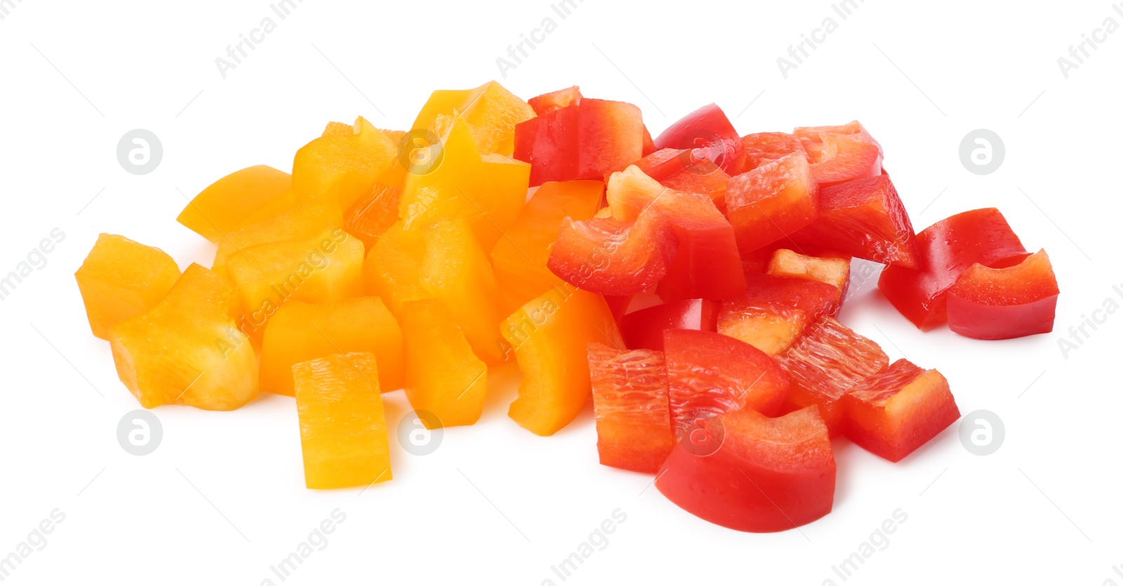 Pieces of fresh colorful bell peppers isolated on white Photo of Pieces of fresh colorful bell peppers isolated on white