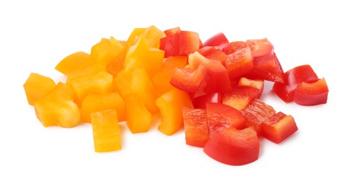 Photo of Pieces of fresh colorful bell peppers isolated on white