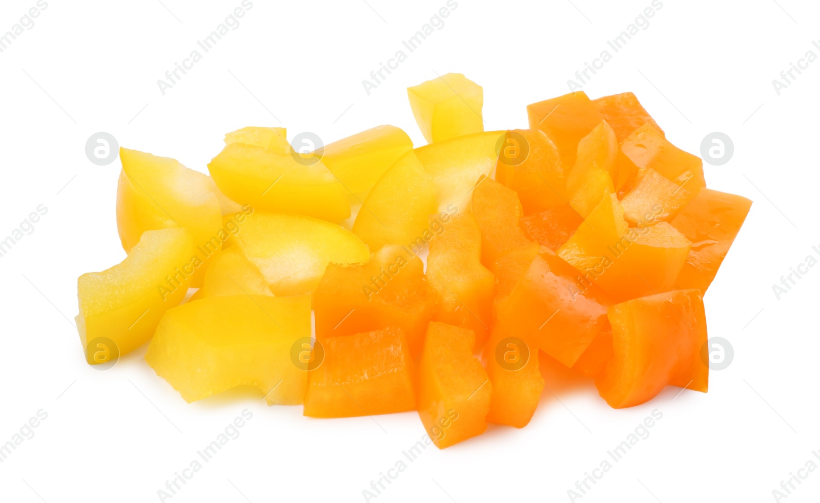 Photo of Pieces of fresh colorful bell peppers isolated on white