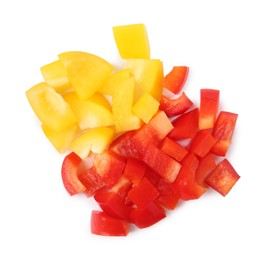 Photo of Pieces of fresh colorful bell peppers isolated on white, top view