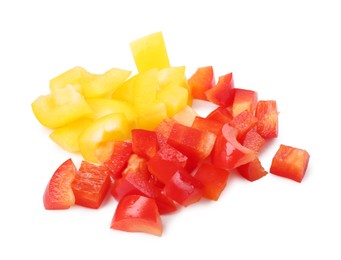 Photo of Pieces of fresh colorful bell peppers isolated on white