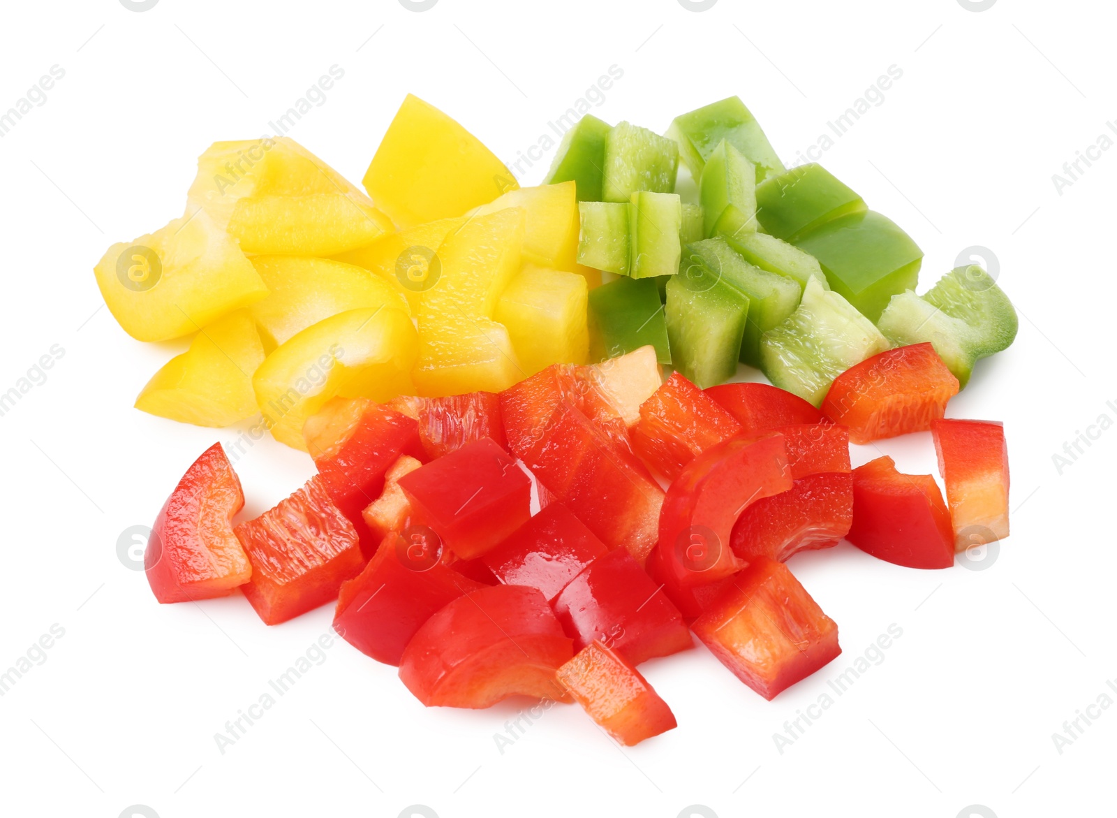 Pieces of fresh colorful bell peppers isolated on white Photo of Pieces of fresh colorful bell peppers isolated on white