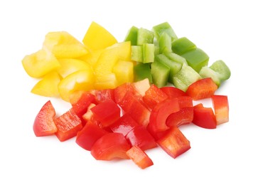 Photo of Pieces of fresh colorful bell peppers isolated on white