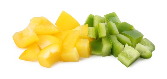 Photo of Pieces of fresh colorful bell peppers isolated on white