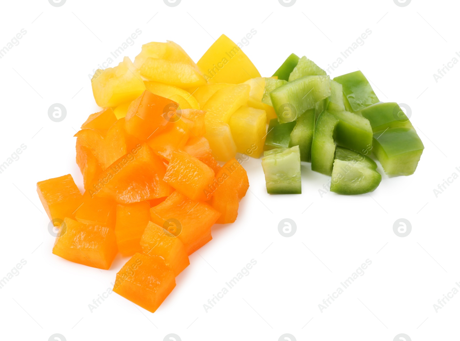 Pieces of fresh colorful bell peppers isolated on white Photo of Pieces of fresh colorful bell peppers isolated on white