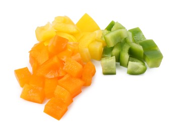 Photo of Pieces of fresh colorful bell peppers isolated on white