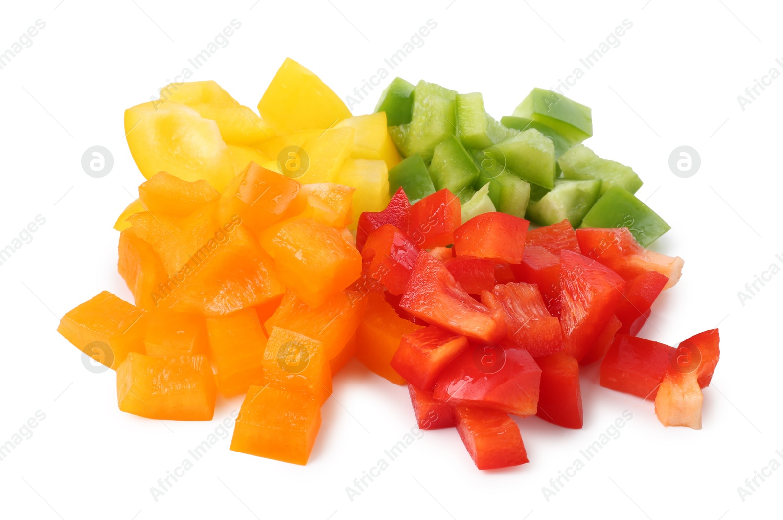 Pieces of fresh colorful bell peppers isolated on white Photo of Pieces of fresh colorful bell peppers isolated on white