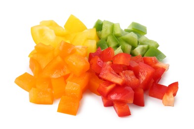 Photo of Pieces of fresh colorful bell peppers isolated on white