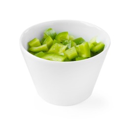 Photo of Pieces of fresh green bell peppers in bowl isolated on white