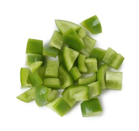 Photo of Pieces of fresh green bell peppers isolated on white, top view