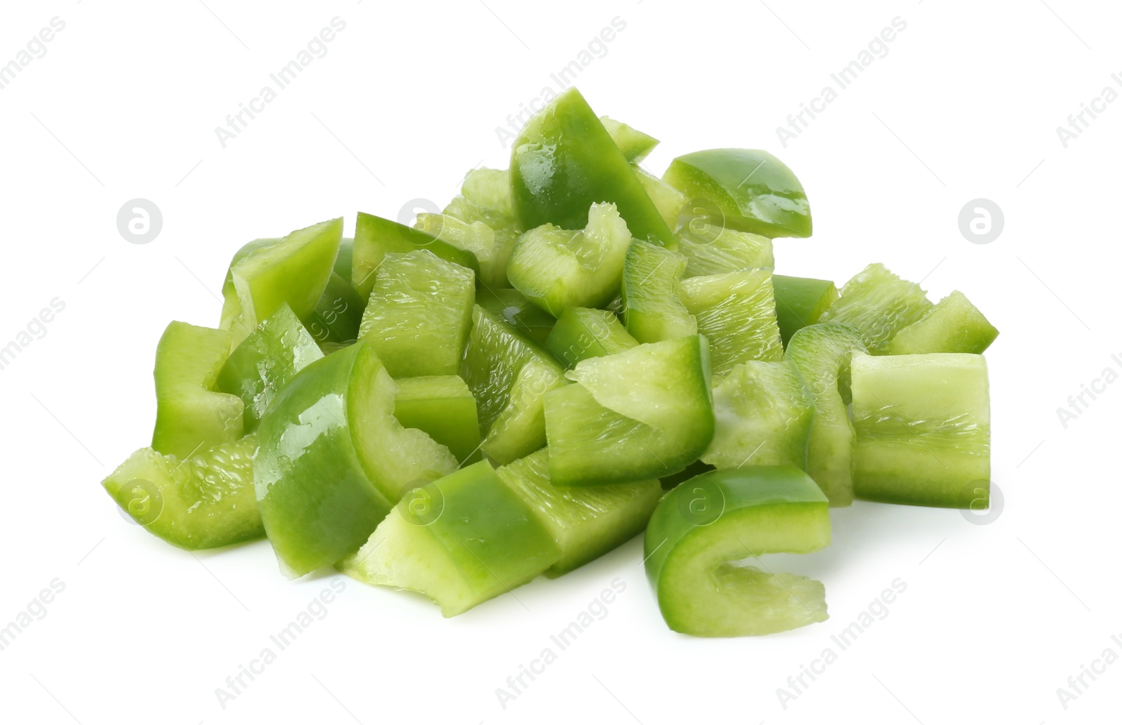 Pieces of fresh green bell peppers isolated on white Photo of Pieces of fresh green bell peppers isolated on white