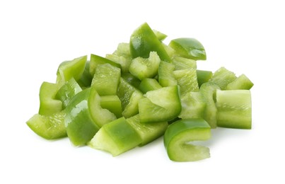 Photo of Pieces of fresh green bell peppers isolated on white