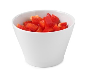 Photo of Pieces of fresh red bell peppers in bowl isolated on white