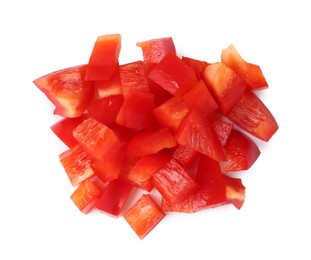 Photo of Pieces of fresh red bell peppers isolated on white, top view