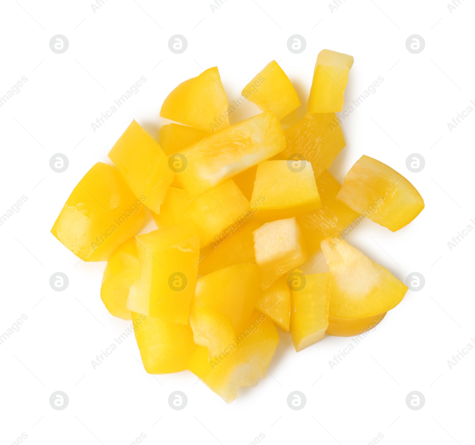 Pieces of fresh yellow bell peppers isolated on white, top view Photo of Pieces of fresh yellow bell peppers isolated on white, top view