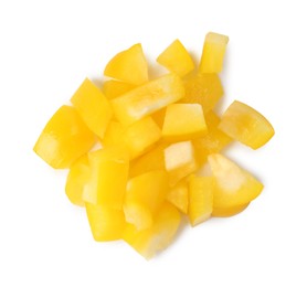 Photo of Pieces of fresh yellow bell peppers isolated on white, top view